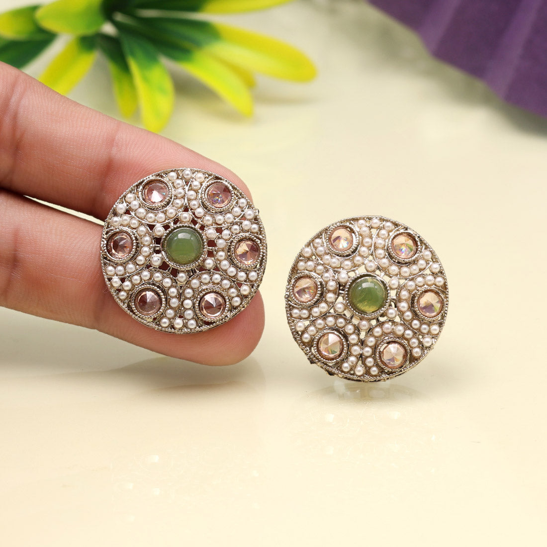 Earthy Mehandi Green Color Tops Stud Earrings