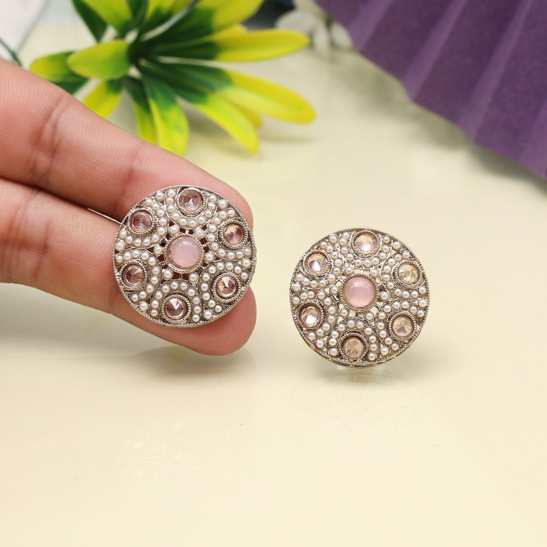 Romantic Pink Color Tops Stud Earrings