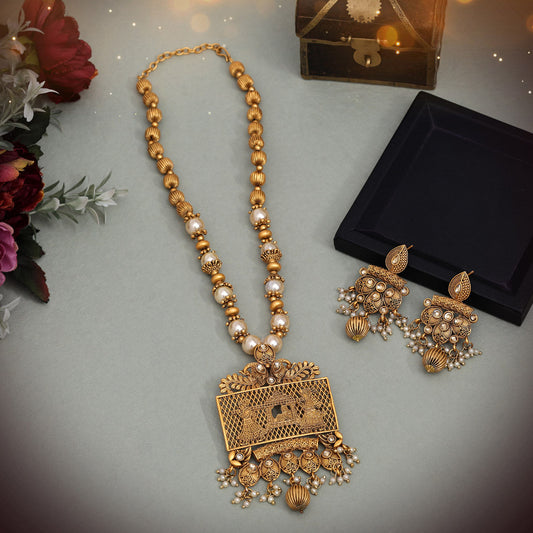 Gold Color Matte Gold Rajwadi Temple Necklace Set (TPLN274GLD)