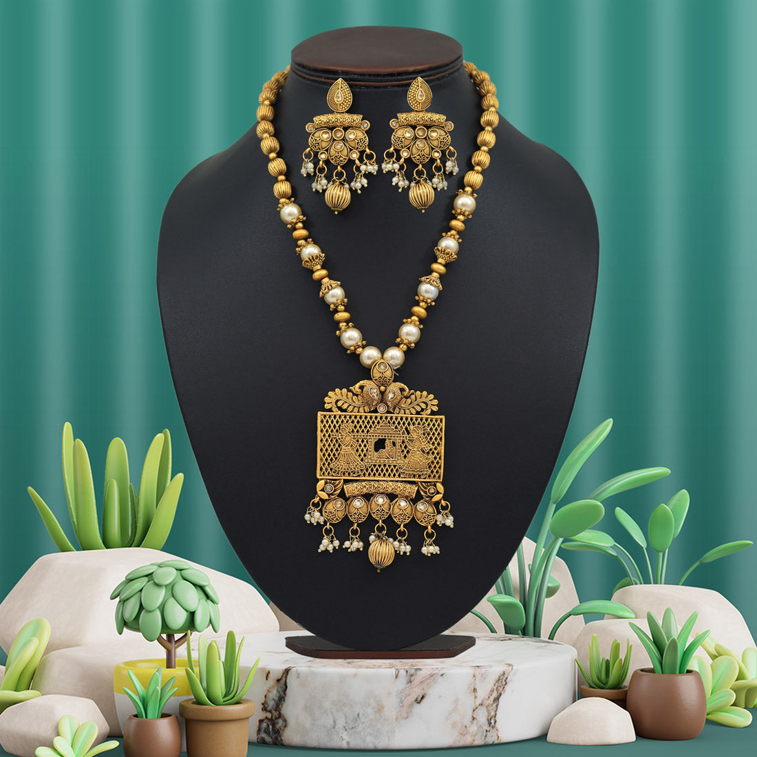 Gold Color Matte Gold Rajwadi Temple Necklace Set (TPLN274GLD)