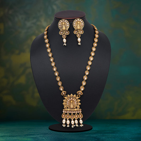 Gold Color Vilandi Kundan Matte Gold Rajwadi Temple Necklace Set (TPLN319GLD)
