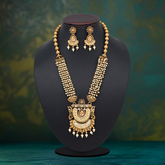 Gold Color Vilandi Kundan Matte Gold Rajwadi Temple Necklace Set (TPLN331GLD)