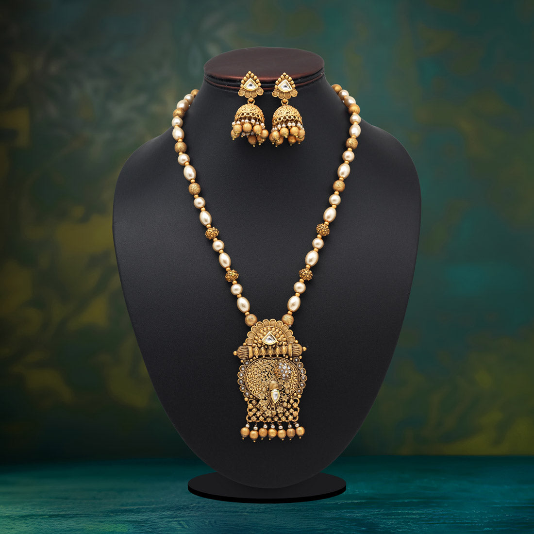 Gold Color Long Matte Gold Rajwadi Temple Necklace Set (TPLN560GLD)
