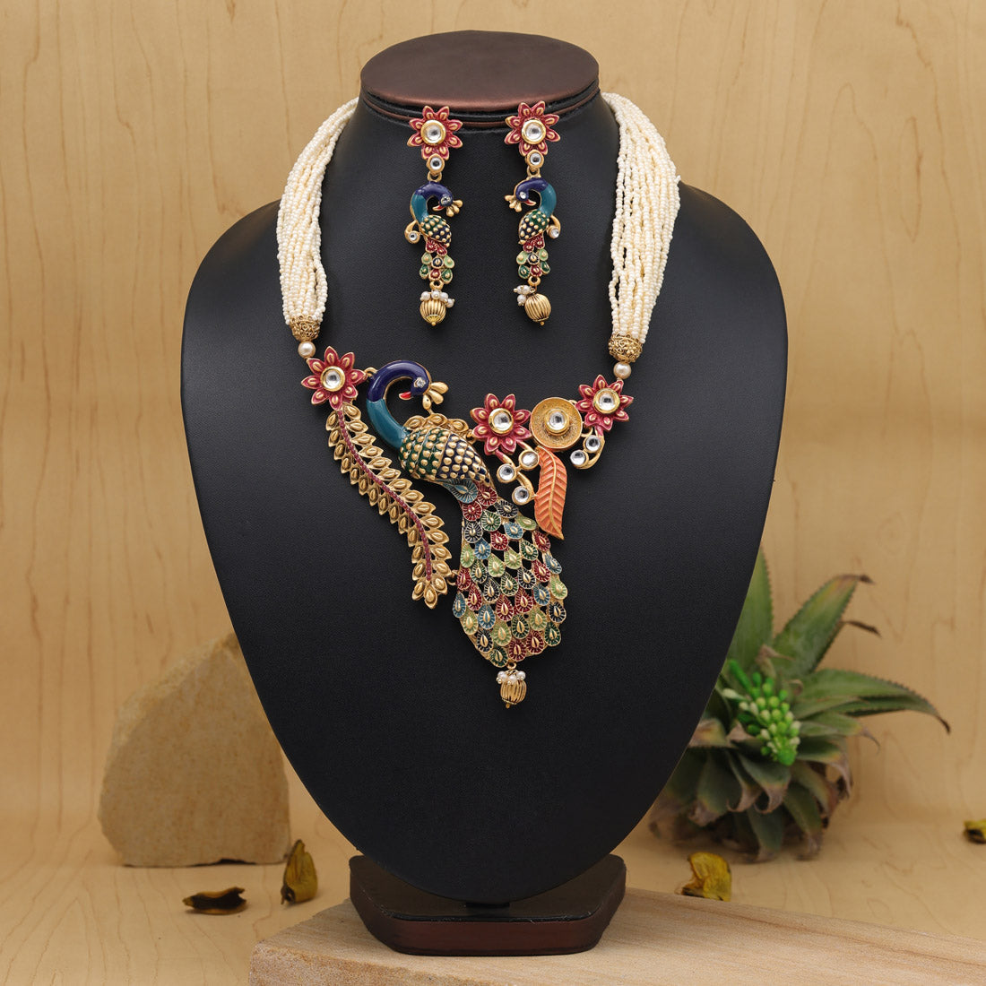 Multi Color Peacock Inspired Meenakari Rajwadi Matte Gold Necklace Set (TPLN611MLT)