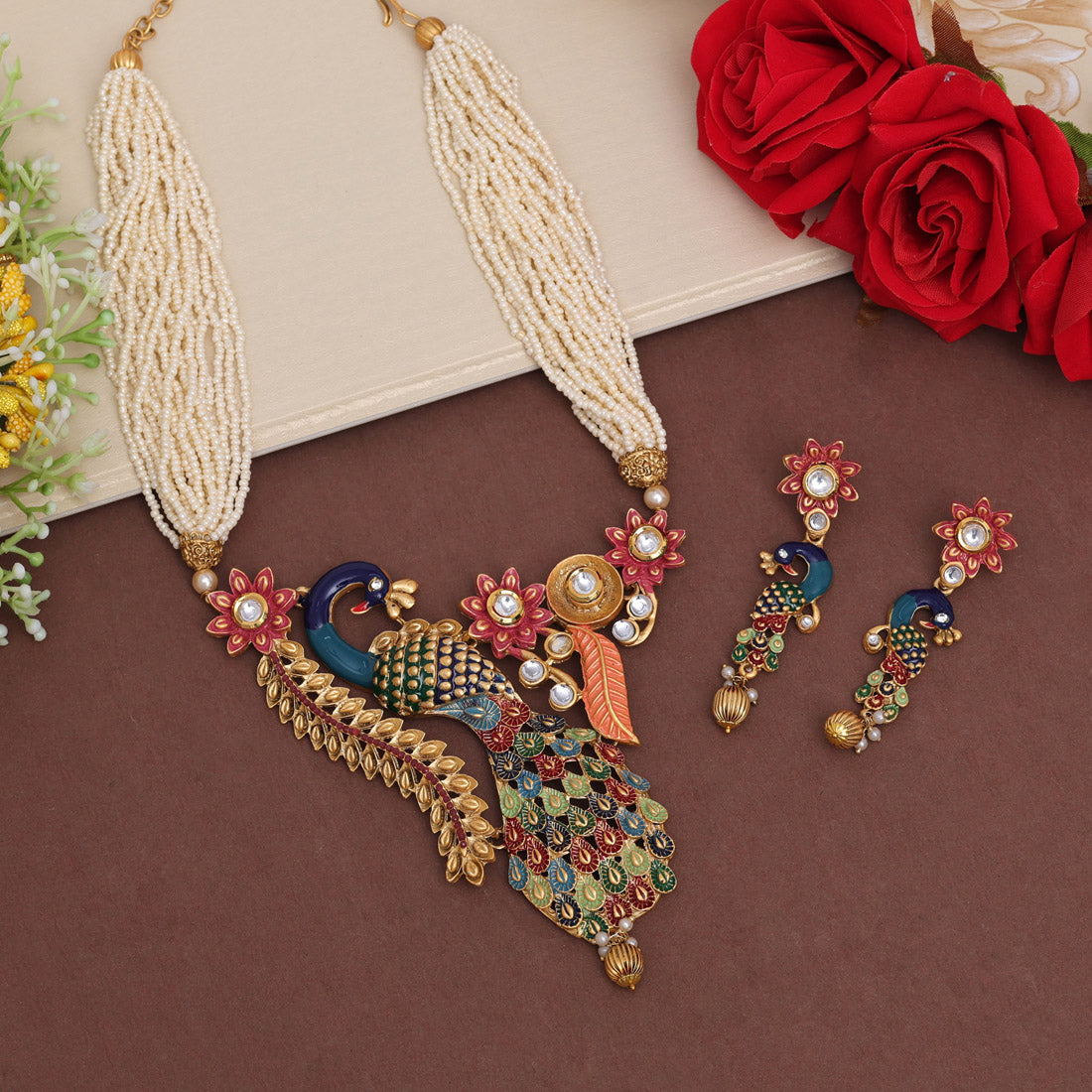 Multi Color Peacock Inspired Meenakari Rajwadi Matte Gold Necklace Set (TPLN611MLT)