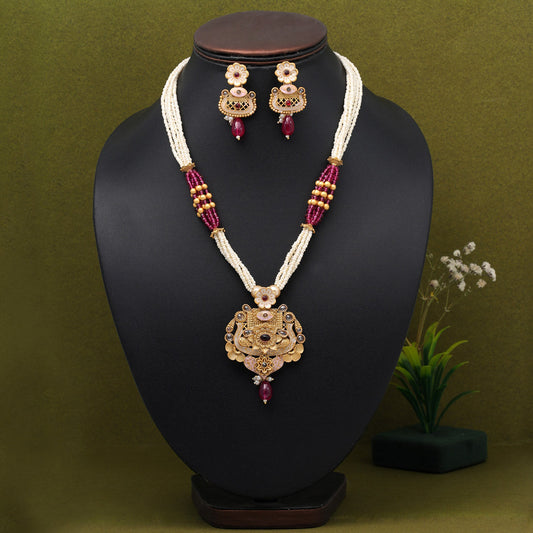 Rani Color Meena Work Rajwadi Matte Gold Necklace Set (TPLN615RNI)