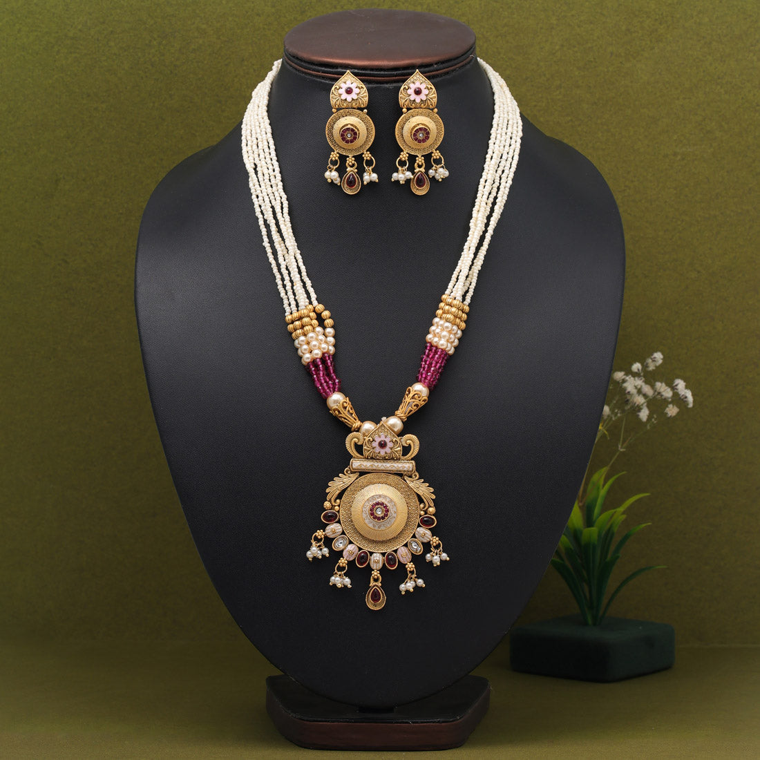 Rani Color Meena Work Rajwadi Matte Gold Necklace Set (TPLN616RNI)
