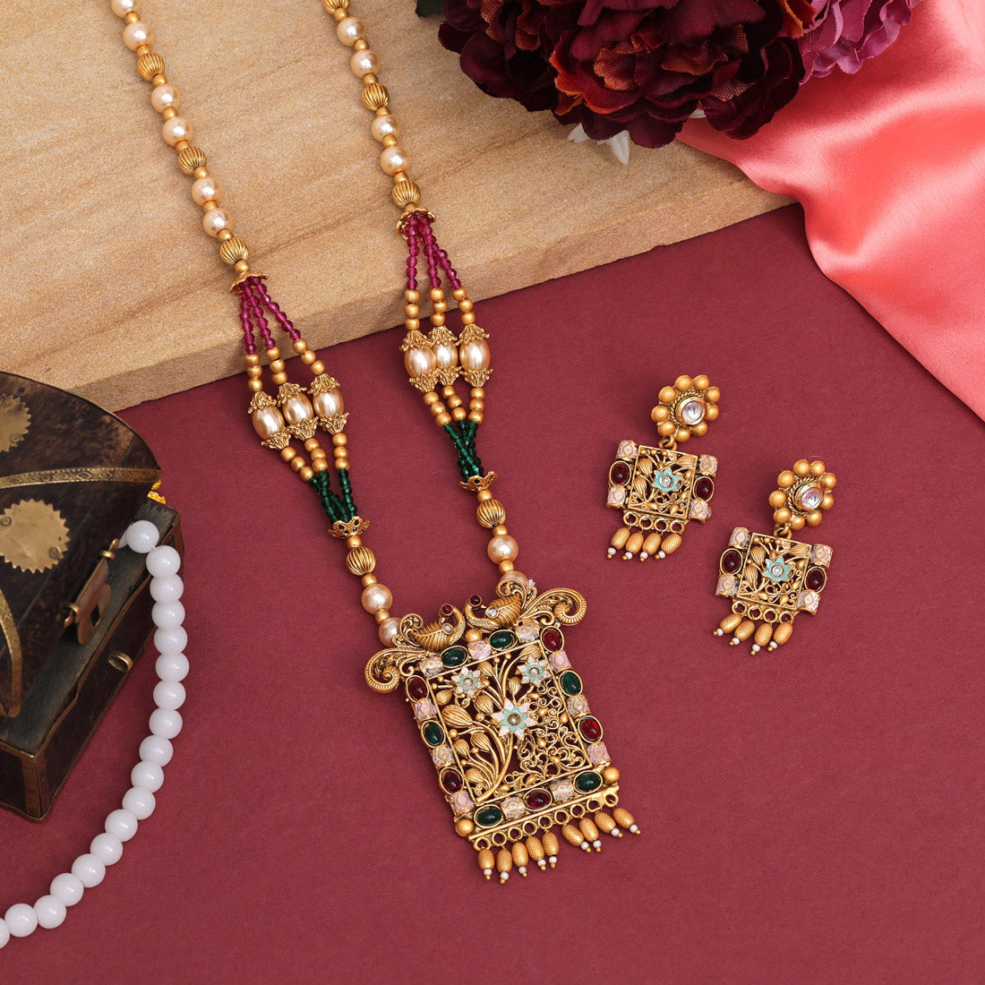 Rani & Green Color Meena Work Rajwadi Temple Necklace Set (TPLN619RNIGRN)
