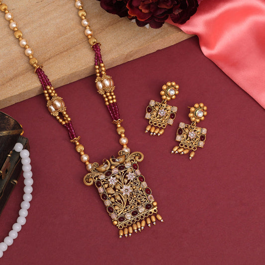 Rani Color Meena Work Rajwadi Temple Necklace Set (TPLN619RNI)