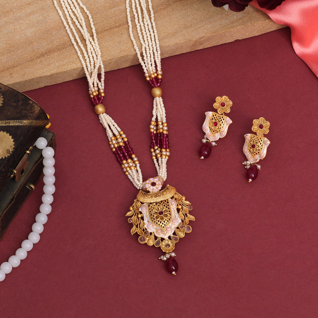 Rani Color Meena Work Rajwadi Temple Necklace Set (TPLN622RNI)