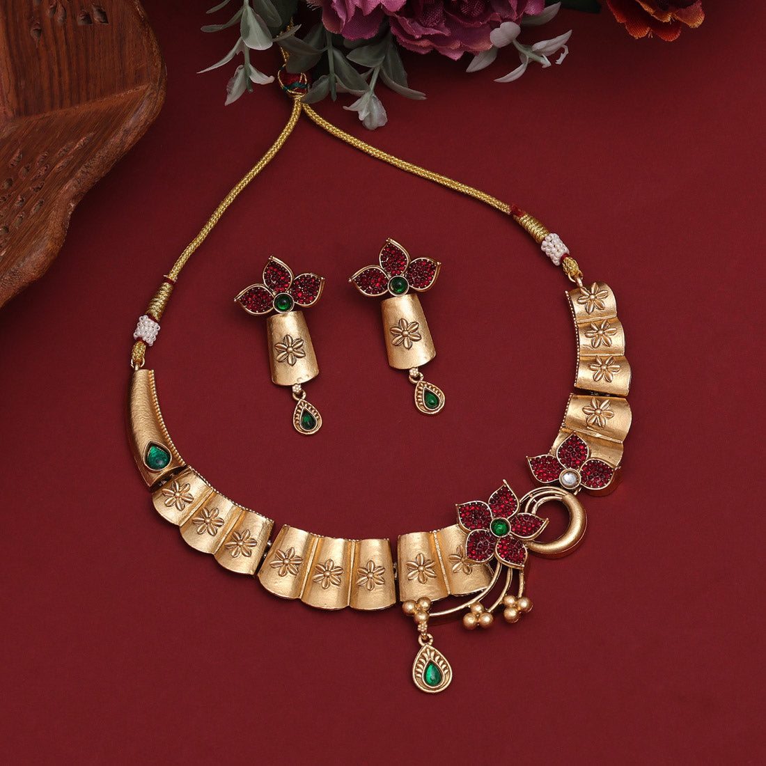 Rani & Green Color Rajwadi Matte Gold Necklace Set (TPLN625RNIGRN)