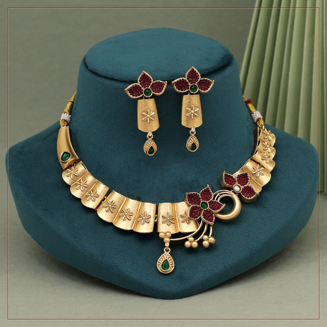 Rani & Green Color Rajwadi Matte Gold Necklace Set (TPLN625RNIGRN)