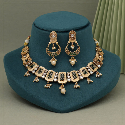 Green Color Rajwadi Matte Gold Necklace Set (TPLN626GRN)