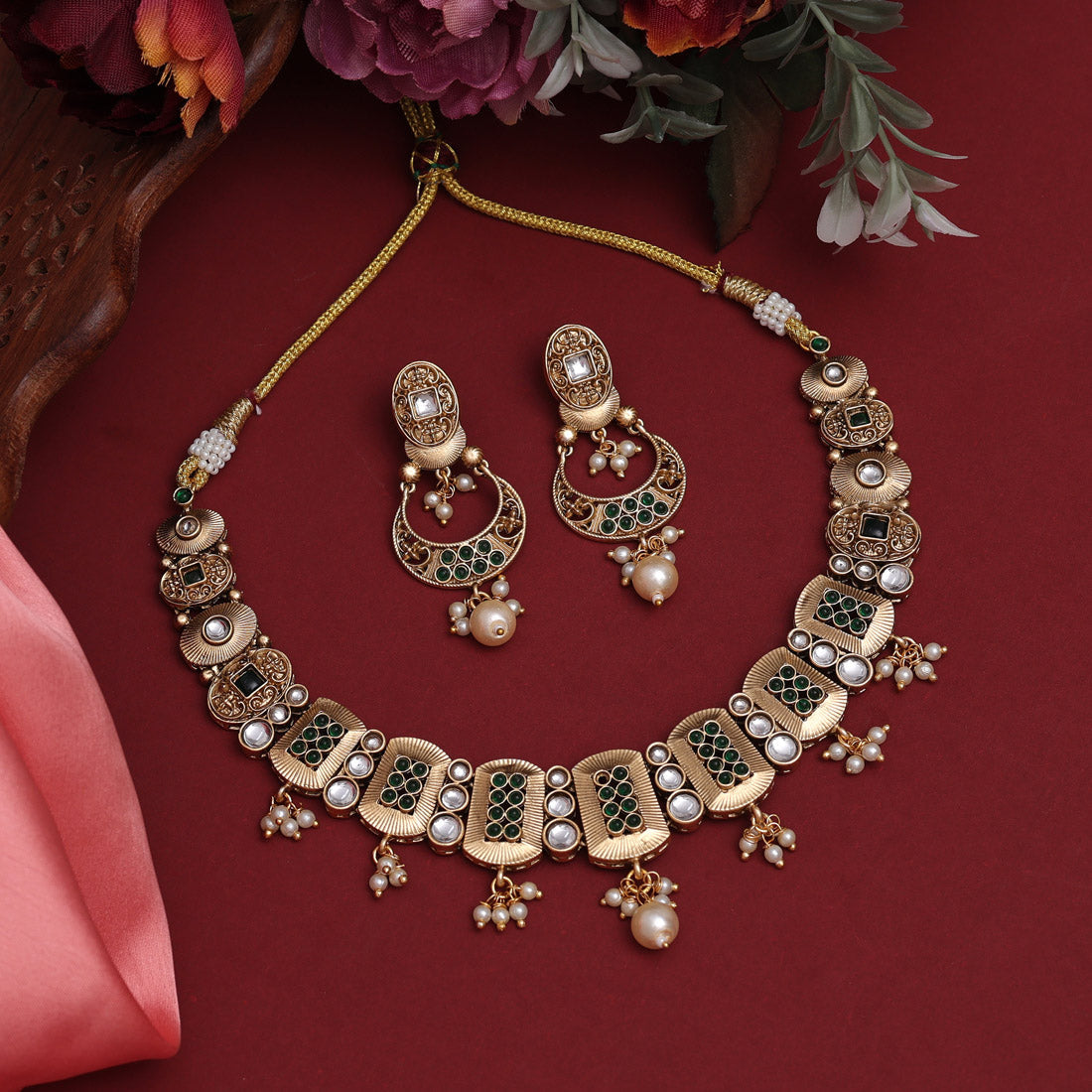 Green Color Rajwadi Matte Gold Necklace Set (TPLN626GRN)