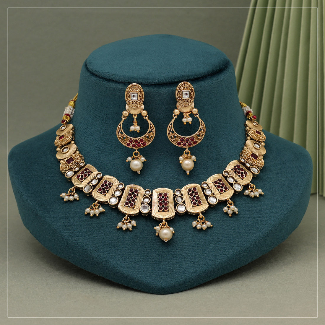 Rani Color Rajwadi Matte Gold Necklace Set (TPLN626RNI)