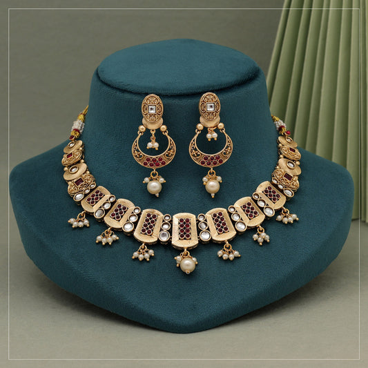 Rani Color Rajwadi Matte Gold Necklace Set (TPLN626RNI)