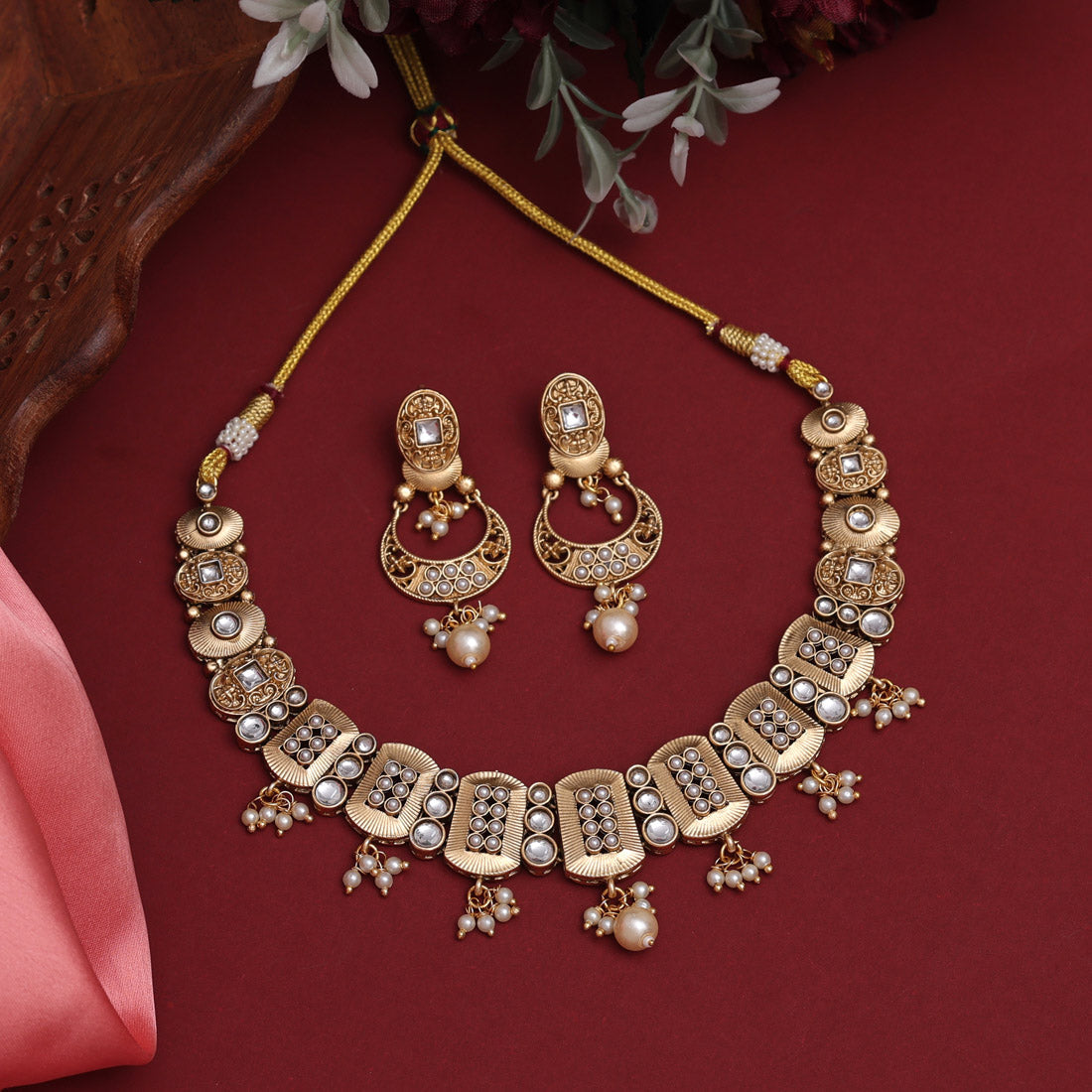 White Color Rajwadi Matte Gold Necklace Set (TPLN626WHT)