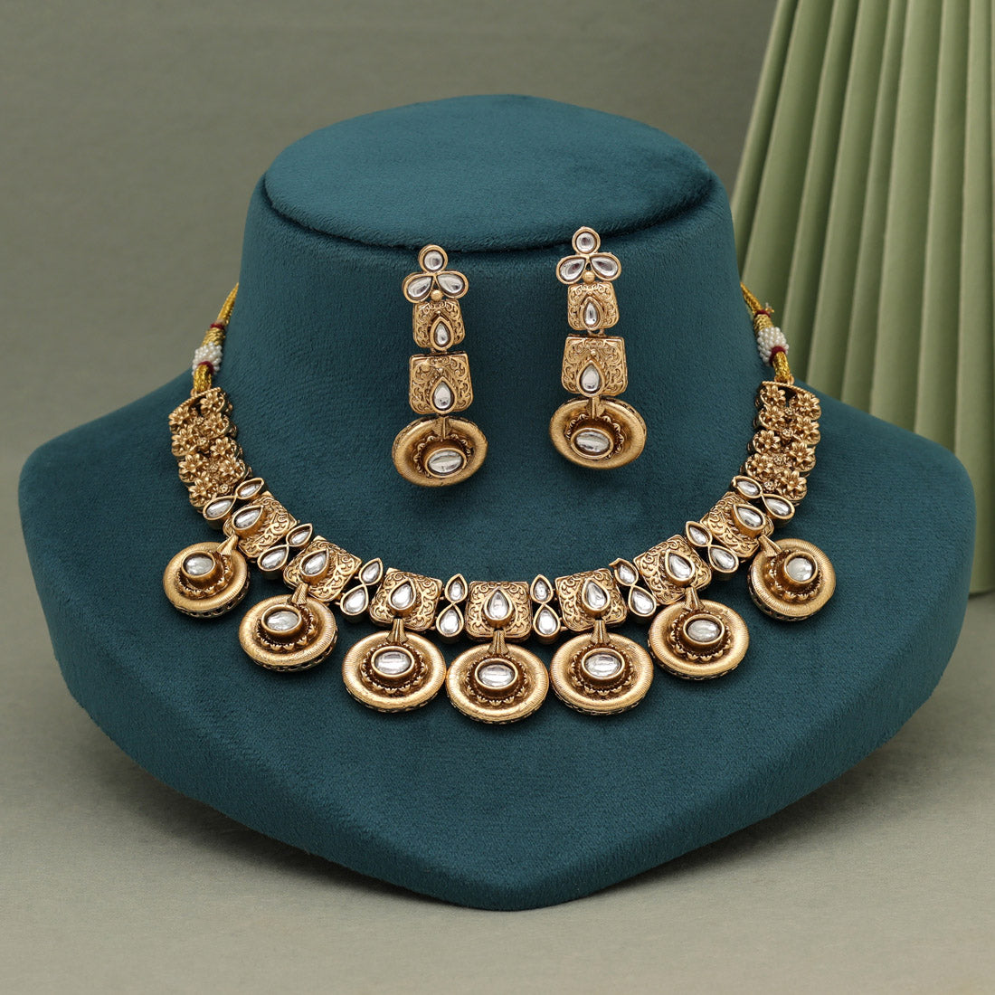 White Color Rajwadi Matte Gold Necklace Set (TPLN636WHT)