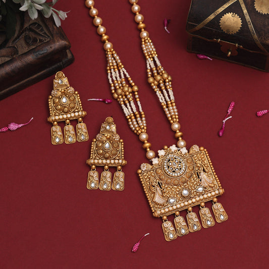 Gold Color Meena Work Rajwadi Matte Gold Necklace Set (TPLN645GLD)