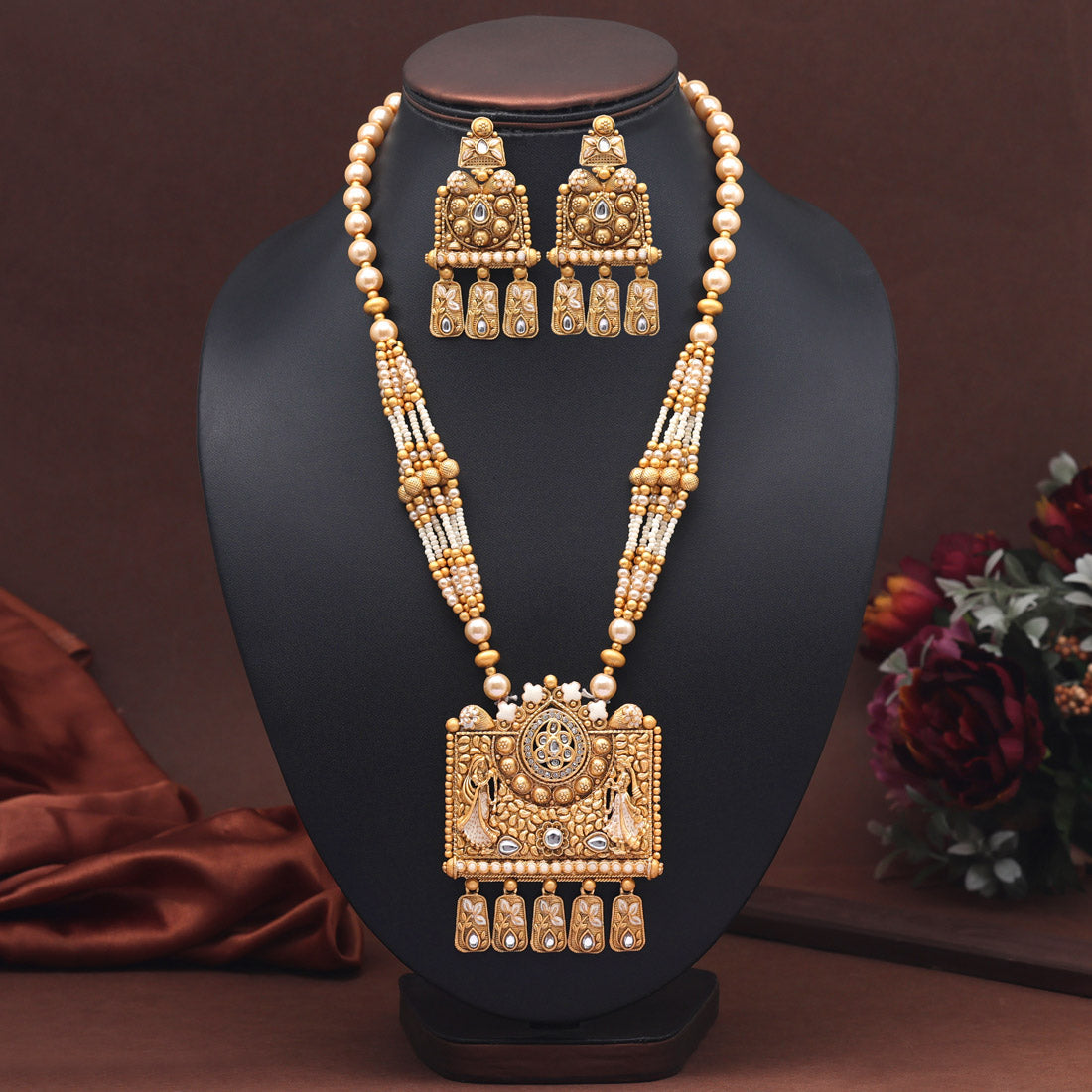 Gold Color Meena Work Rajwadi Matte Gold Necklace Set (TPLN645GLD)