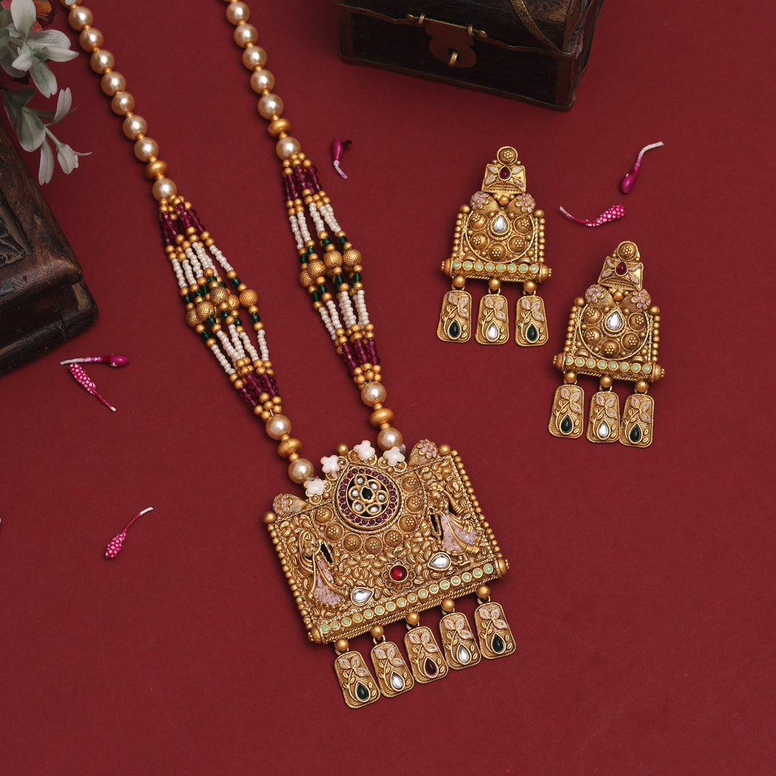 Multi Color Meena Work Rajwadi Matte Gold Necklace Set (TPLN645MLT)