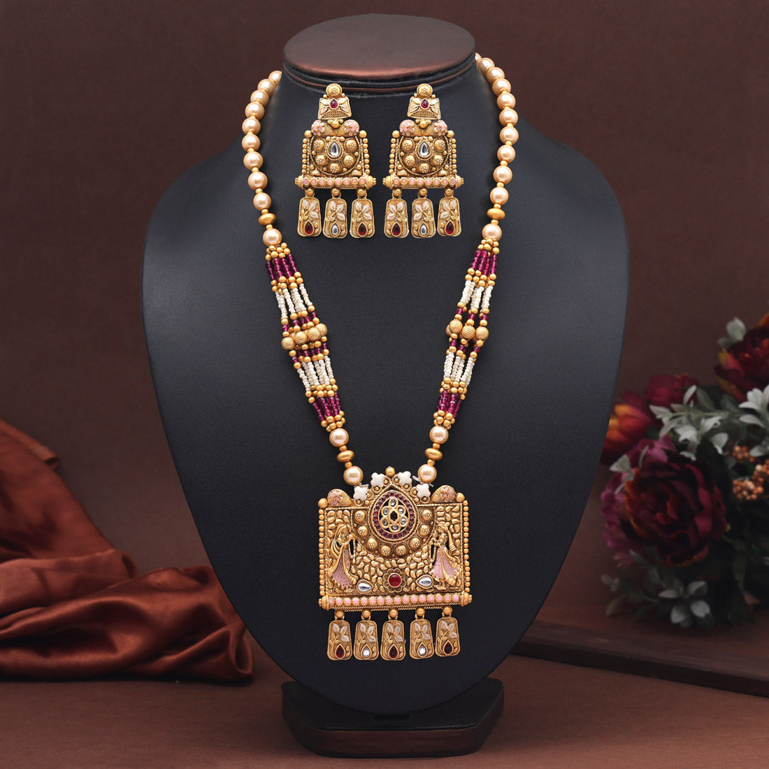 Rani Color Meena Work Rajwadi Matte Gold Necklace Set (TPLN645RNI)