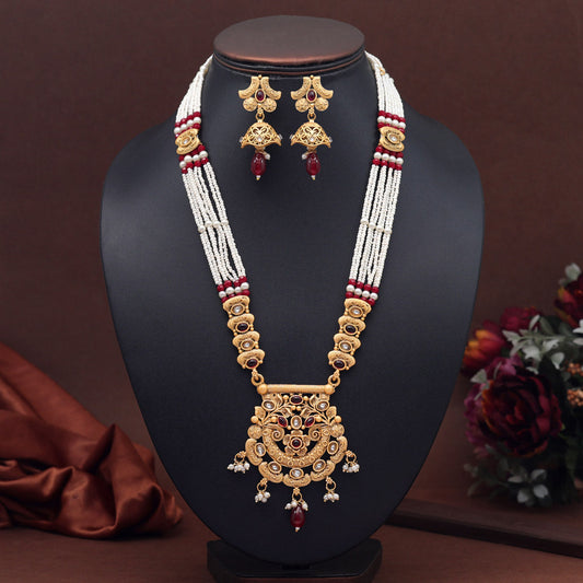 Maroon Color Rajwadi Matte Gold Necklace Set (TPLN646MRN)