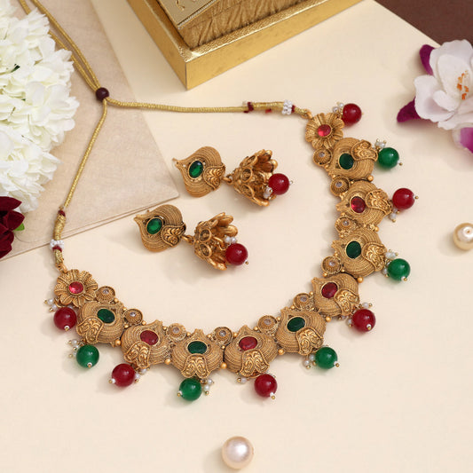 Maroon & Green Color Matte Gold Rajwadi Temple Necklace Set (TPLN655MG)