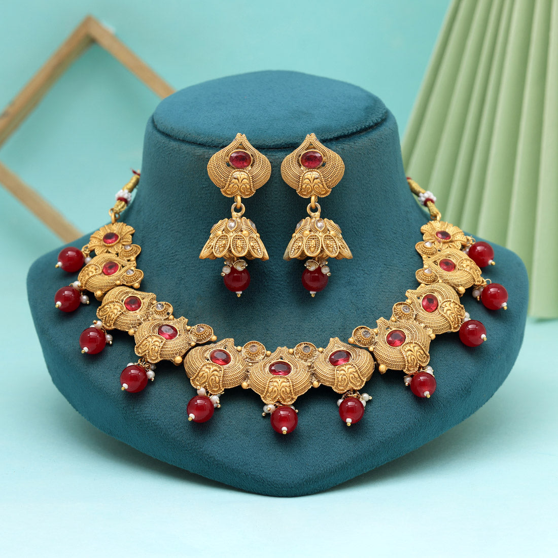 Maroon Color Matte Gold Rajwadi Temple Necklace Set (TPLN655MRN)