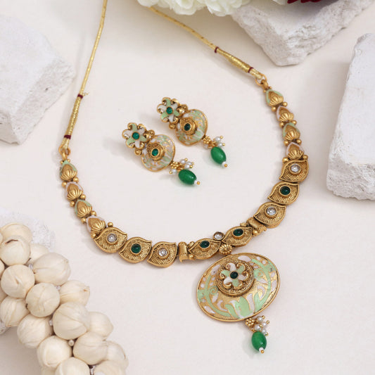 Green Color Meena Work Matte Gold Rajwadi Temple Necklace Set (TPLN657GRN)