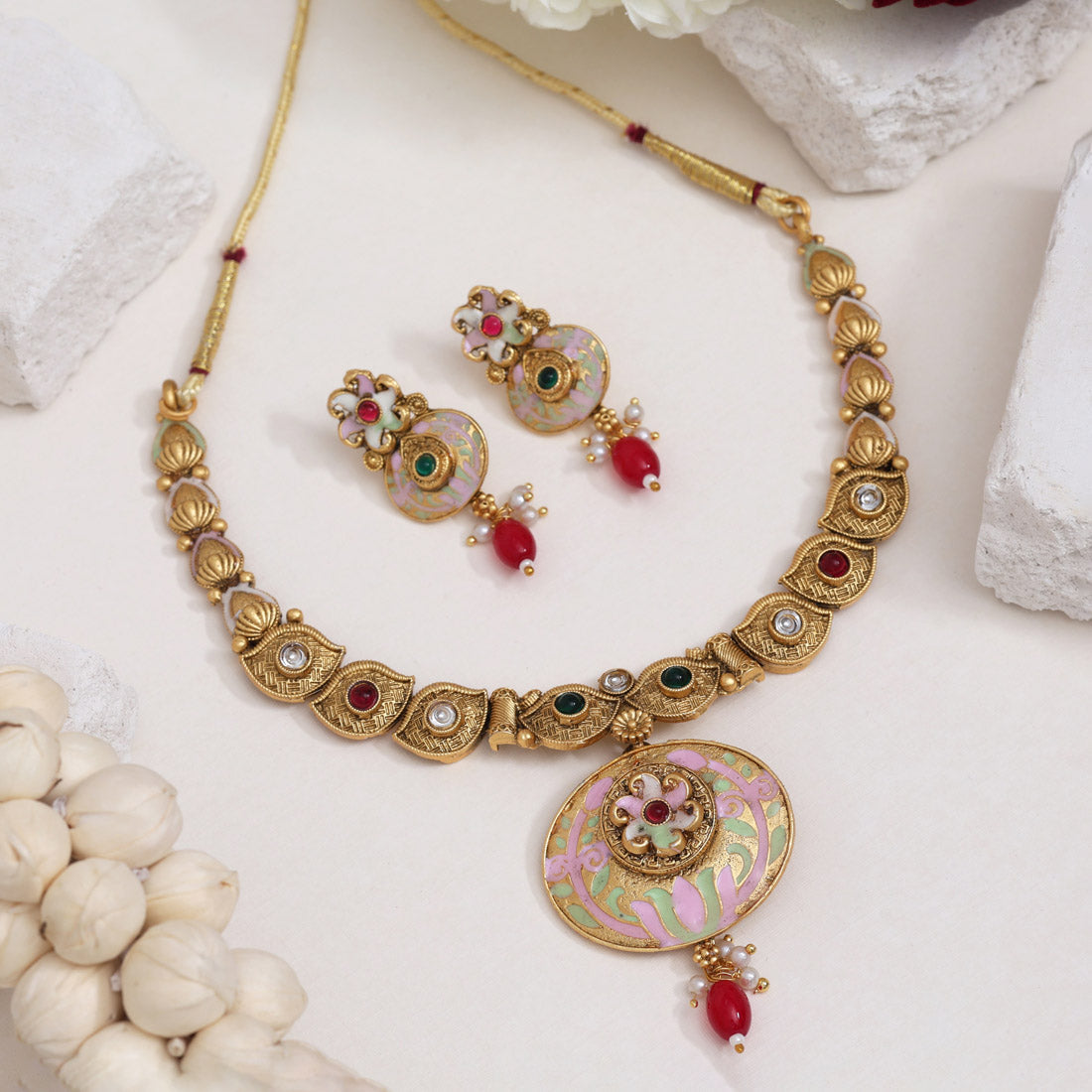 Multi Color Meena Work Matte Gold Rajwadi Temple Necklace Set (TPLN657MLT)