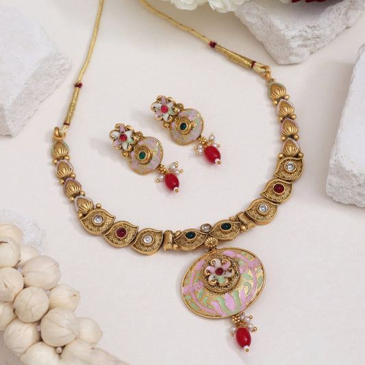 Multi Color Meena Work Matte Gold Rajwadi Temple Necklace Set (TPLN657MLT)