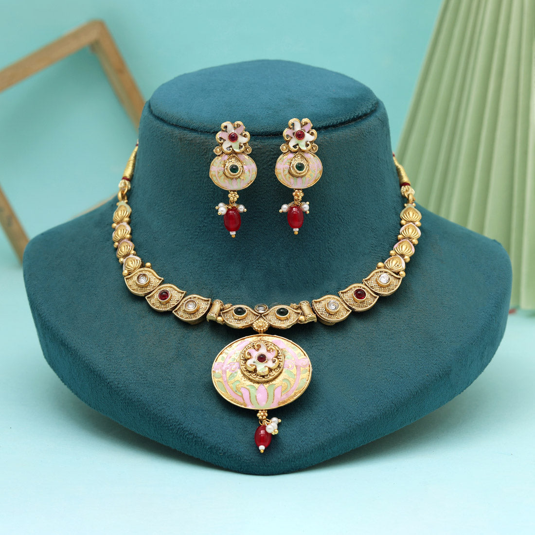 Multi Color Meena Work Matte Gold Rajwadi Temple Necklace Set (TPLN657MLT)