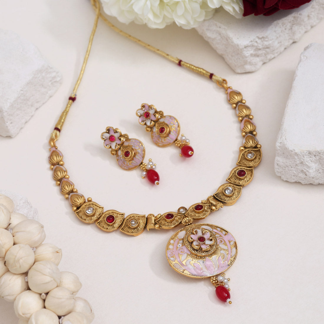 Red Color Meena Work Matte Gold Rajwadi Temple Necklace Set (TPLN657RED)