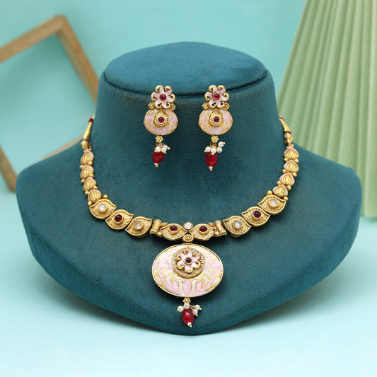 Red Color Meena Work Matte Gold Rajwadi Temple Necklace Set (TPLN657RED)