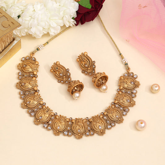Gold Color Matte Gold Rajwadi Temple Necklace Set (TPLN658GLD)