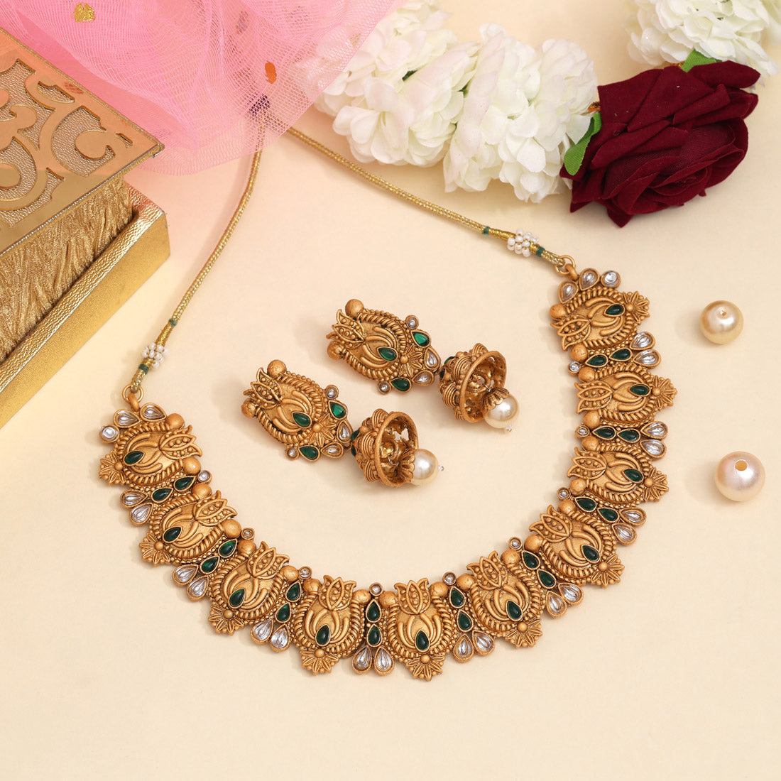 Green Color Matte Gold Rajwadi Temple Necklace Set (TPLN658GRN)