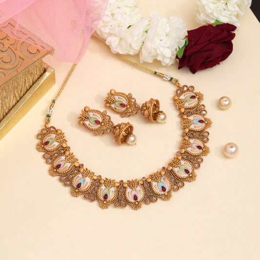 Multi Color Matte Gold Rajwadi Temple Necklace Set (TPLN658MLT)