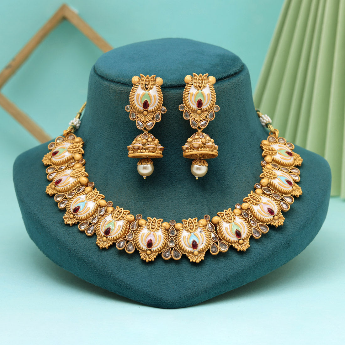 Multi Color Matte Gold Rajwadi Temple Necklace Set (TPLN658MLT)