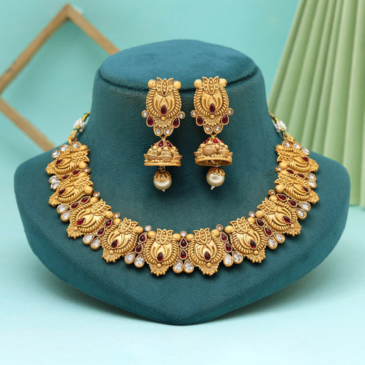 Rani Color Matte Gold Rajwadi Temple Necklace Set (TPLN658RNI)