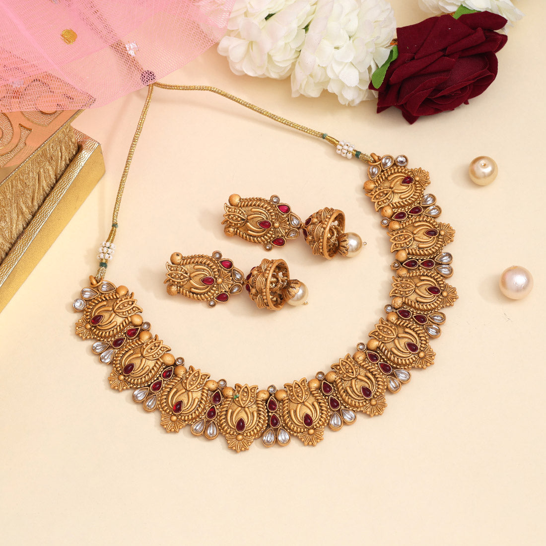 Rani Color Matte Gold Rajwadi Temple Necklace Set (TPLN658RNI)