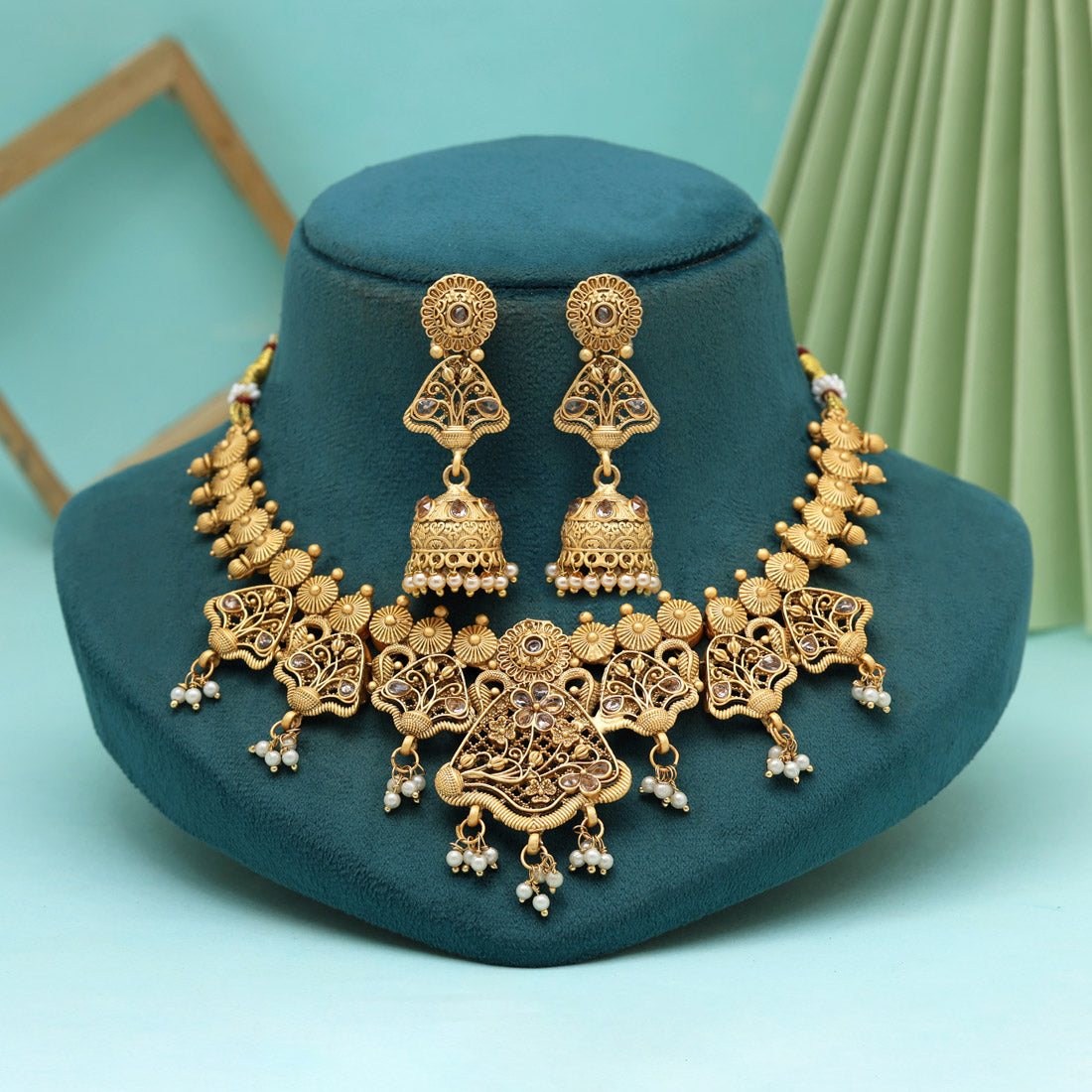 Gold Color Matte Gold Rajwadi Temple Necklace Set (TPLN660GLD)