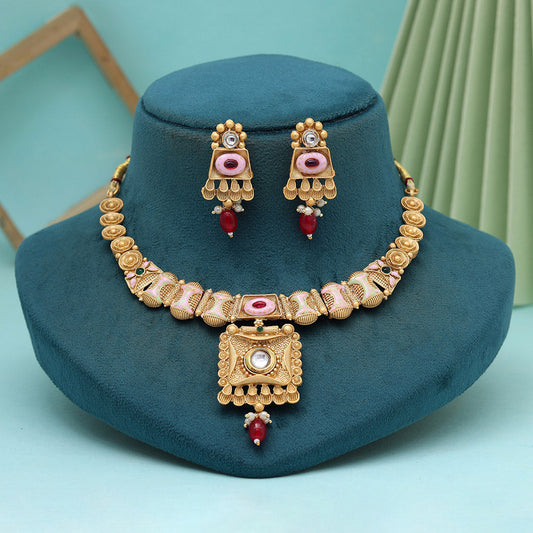 Multi Color Meena Work Matte Gold Rajwadi Temple Necklace Set (TPLN662MLT)