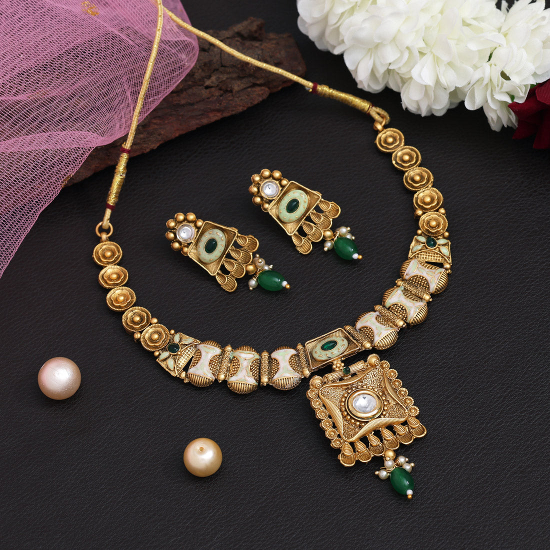 Green Color Meena Work Matte Gold Rajwadi Temple Necklace Set (TPLN663GRN)
