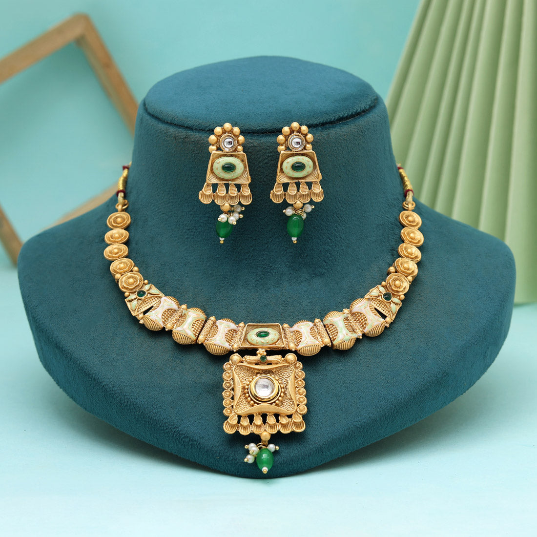 Green Color Meena Work Matte Gold Rajwadi Temple Necklace Set (TPLN663GRN)