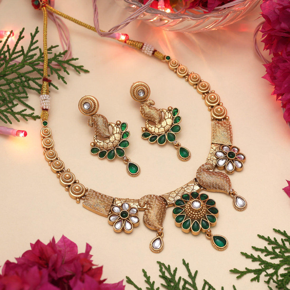 Green Color Matte Gold Rajwadi Temple Necklace Set (TPLN669GRN)