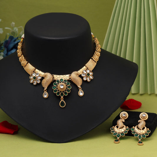 Green Color Matte Gold Rajwadi Temple Necklace Set (TPLN669GRN)