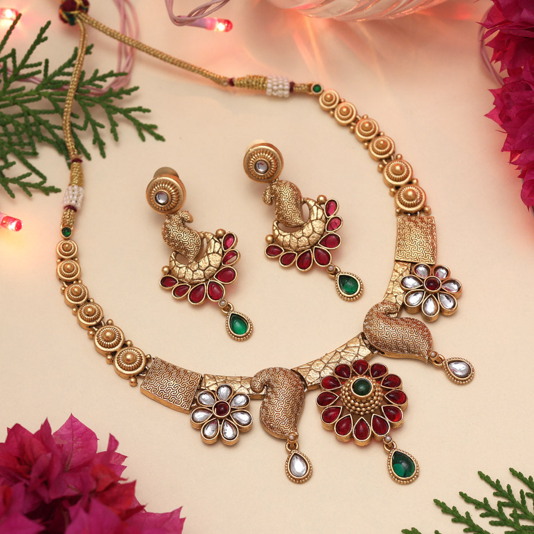 Rani & Green Color Matte Gold Rajwadi Temple Necklace Set (TPLN669RNIGRN)