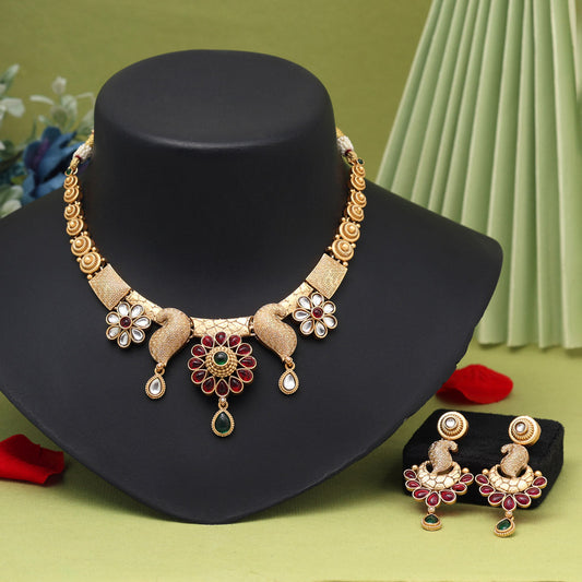 Rani & Green Color Matte Gold Rajwadi Temple Necklace Set (TPLN669RNIGRN)