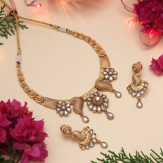 White Color Matte Gold Rajwadi Temple Necklace Set (TPLN669WHT)